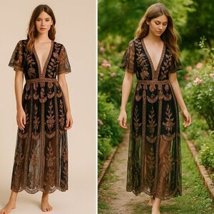 🌸 Honey Punch Black Mesh Maxi Dress w/ Copper Floral Embroidery – Size S